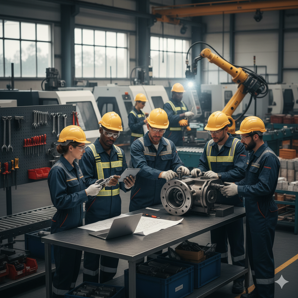 Team of skilled industrial workers